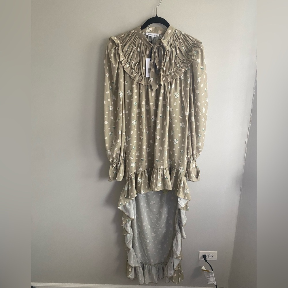 Weworewhat green floral long sleeve high low dress